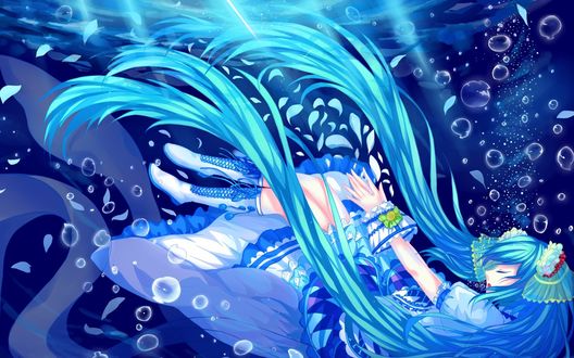 Обои на рабочий стол Vocaloid Hatsune Miku / Вокалоид Хатсуне Мику, закрыв глаза, опускается под воду