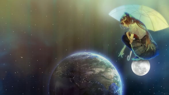 Обои на рабочий стол Рыжеволосая девушка с длинными волосами, держащая в руке солнцезащитный зонтик, сидящая на корточках на Луне, показывает пальцем на расположенную ниже планету Земля