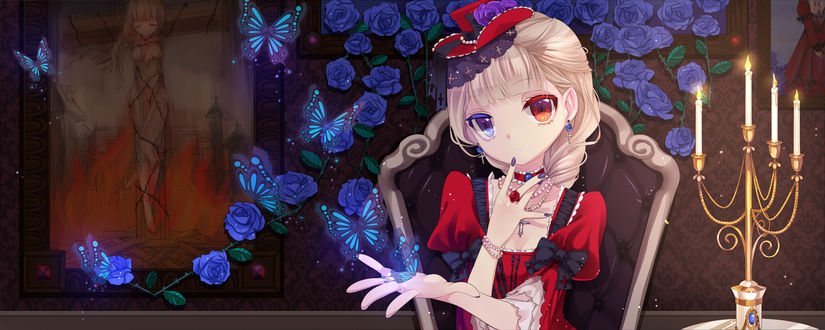 Обои на рабочий стол Светловолосая анимешная девушка в стиле Gothic Lolita / Готическая Лолита с разноцветными глазами сидит в комнате, где цветут синие розы и порхают магические сине-голубые бабочки, рядом стоит подсвечник с горящими свечами, на стене висит картина с ведьмой на костре
