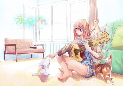 Обои на рабочий стол Мегурине Лука / Megurine Luka из Вокалоидов / Vokaloid сидит у себя в комнате, в окружении кошек, держит гитару и гладит белую кошку с оранжевыми пятнами