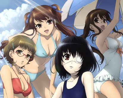 Обои на рабочий стол Сигиура Такако / Sugiura Takako, Акадзава Идзуми / Akadzava Idzumi, Мисаки Мэй / Misaki Mei и Миками Рэйко / Mikami Reiko из аниме Иная / Another на фоне голубого неба и облаков, рядом с ними стоит зонтик