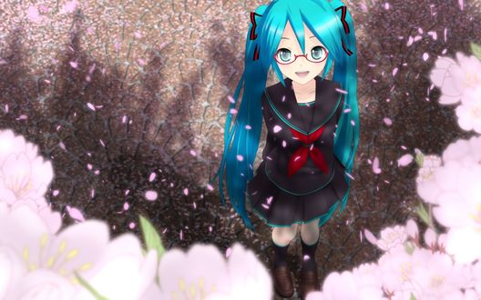 Обои на рабочий стол Vocaloid Hatsune Miku / Вокалоид Хатсуне Мику в школьной форме, в очках улыбается стоя под цветущей сакурой и падающими лепестками