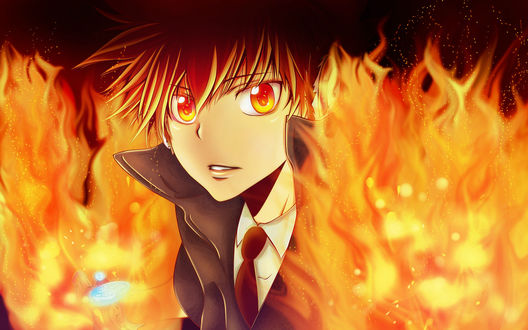 Обои на рабочий стол Sawada Tsunayoshi / Савада Тсунаеши из аниме Репетитор-киллер Реборн / Katekyo Hitman Reborn, объятый пламенем