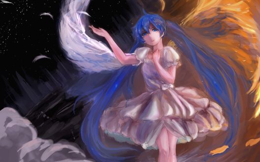 Обои на рабочий стол Плачущая Vocaloid Hatsune Miku / Вокалоид Хатсуне Мику с крыльями за спиной подняла одну руку вверх, другую руку приложила к груди
