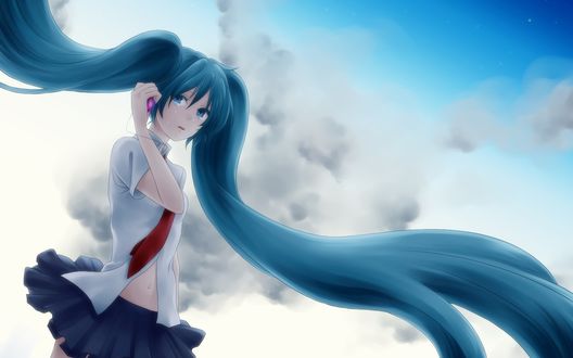 Обои на рабочий стол Vocaloid Hatsune Miku / Вокалоид Хатсуне Мику плачет и разговаривает по телефону на фоне серых облаков
