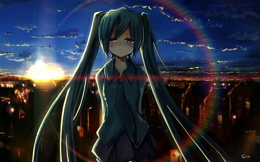 Обои на рабочий стол Vocaloid Hatsune Miku / Вокалоид Хатсуне Мику на фоне города и восходящего солнца, Арт от stk