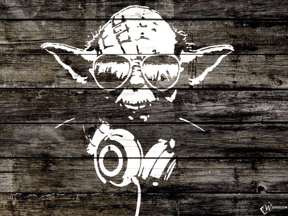 Обои для рабочего стола Нарисованный на досках мудрейший и самый сильный джедай Йода / Yoda с наушниками и в очках
