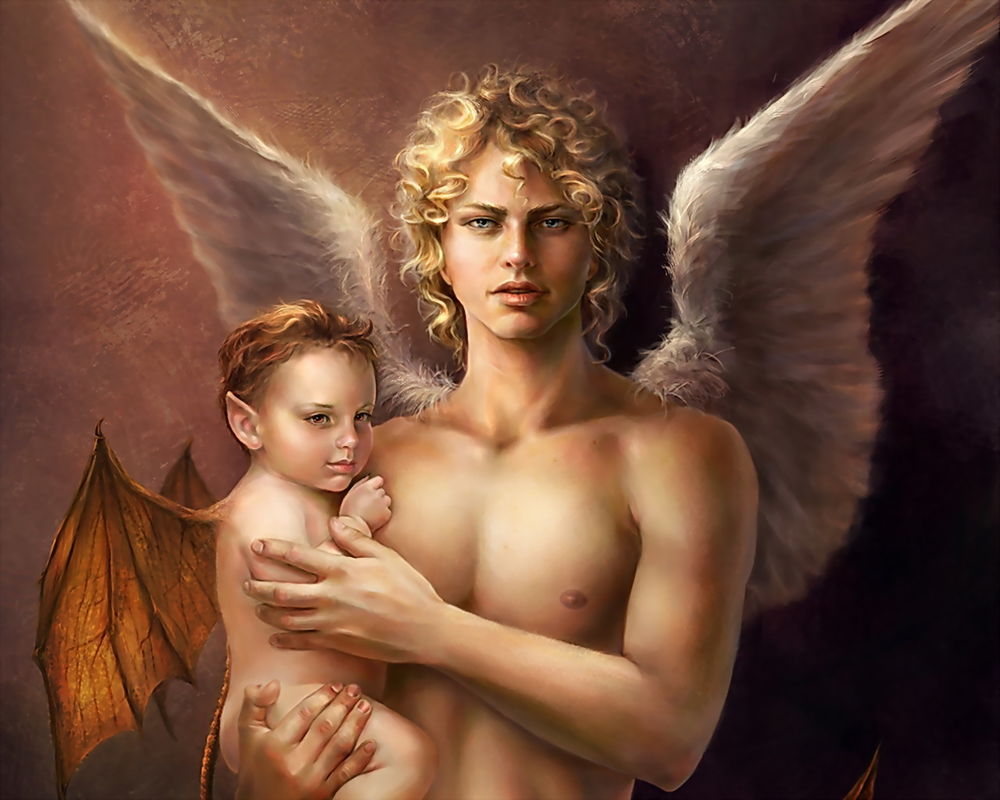 Обои для рабочего стола Юноша-ангел с младенцем-демоном на руках