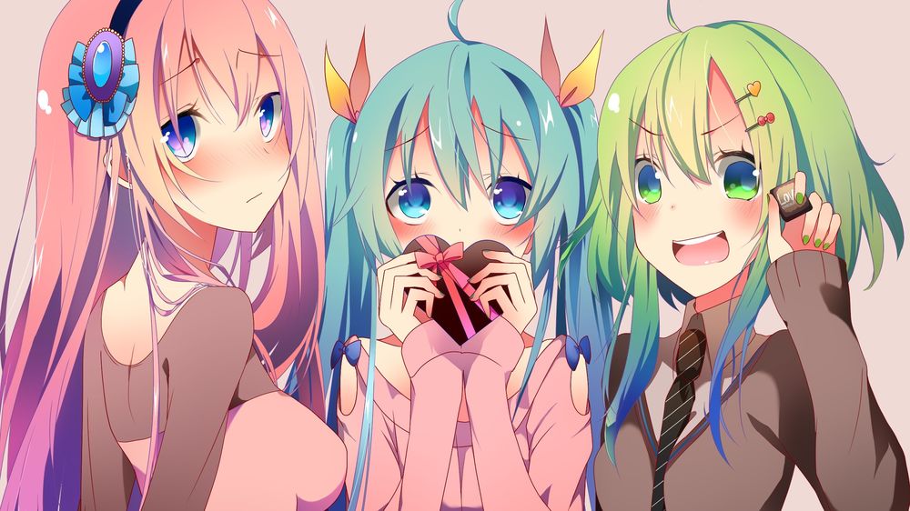 Обои для рабочего стола Three Vocaloid / Три Вокалоида: Megurine Luka / Мегуринэ Лука, Hatsune Miku / Хатсуне Мику с шоколадным сердцем в руке и Megpoid Gumi / Гуми Мегпоид с кусочком шоколада (Love / Любовь)