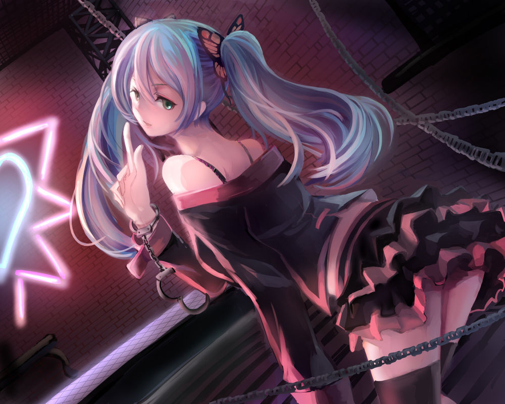 Обои для рабочего стола Vocaloid Miku Hatsune / Вокалоид Мику Хатсуне с наручниками на запястье