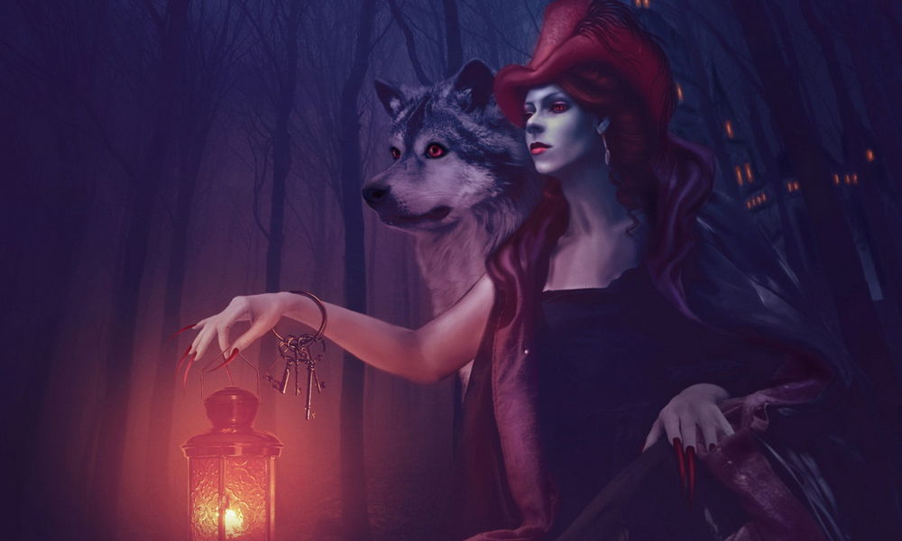 Обои для рабочего стола Девушка в красной шляпе с фонарем в руках стоит рядом с волком на фоне ночного леса, сзади виднеется замок