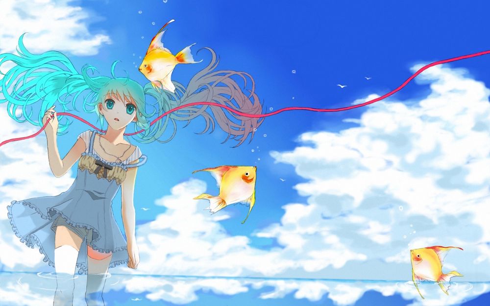 Обои для рабочего стола Vocaloid Hatsune Miku / Вокалоид Хатсуне Мику стоит в воде, из которой выпрыгивают золотые рыбки, на фоне неба и облаков