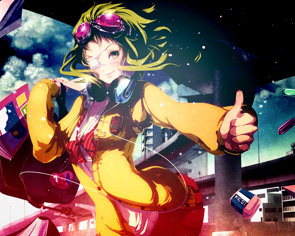 Обои для рабочего стола Vocaloid Gumi Megpoid / Вокалоид Гуми Мегпоид с очками на голове, повязкой на глазу и наушниками на шее, в школьной форме, с расстегнутой сумкой в руке, из которой вылетают вещи, улыбается и показывает большой палец