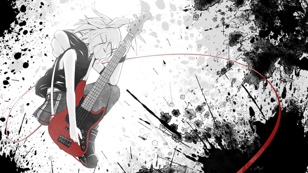 Обои для рабочего стола Vocaloid Kagamine Rin / Вокалоид Кагамине Рин с красной гитарой в руках на черно-белом фоне