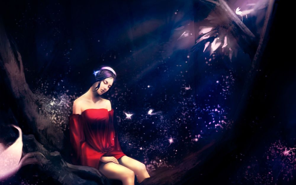 Обои для рабочего стола Девушка в красном платье сидит на корнях дерева, закрыв глаза, рядом летают светящиеся бабочки
