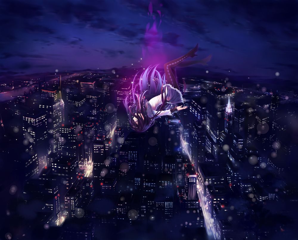 Обои для рабочего стола Akemi Homura / Акеми Хомура из аниме Девочка-волшебница Мадока Магика / Mahou Shoujo Madoka Magica падает с неба на ночной город