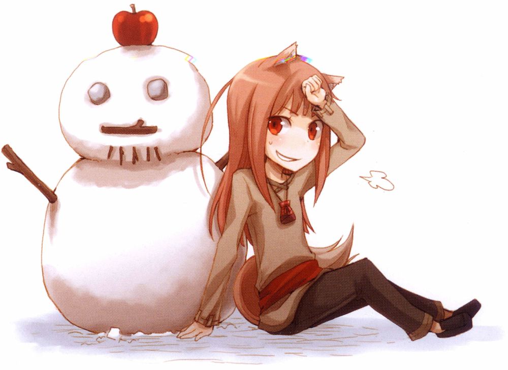 Обои для рабочего стола Холо / Хоро / Horo из аниме Волчица и пряности / Spice and Wolf сидит рядом со снеговиком у которого на голове яблоко