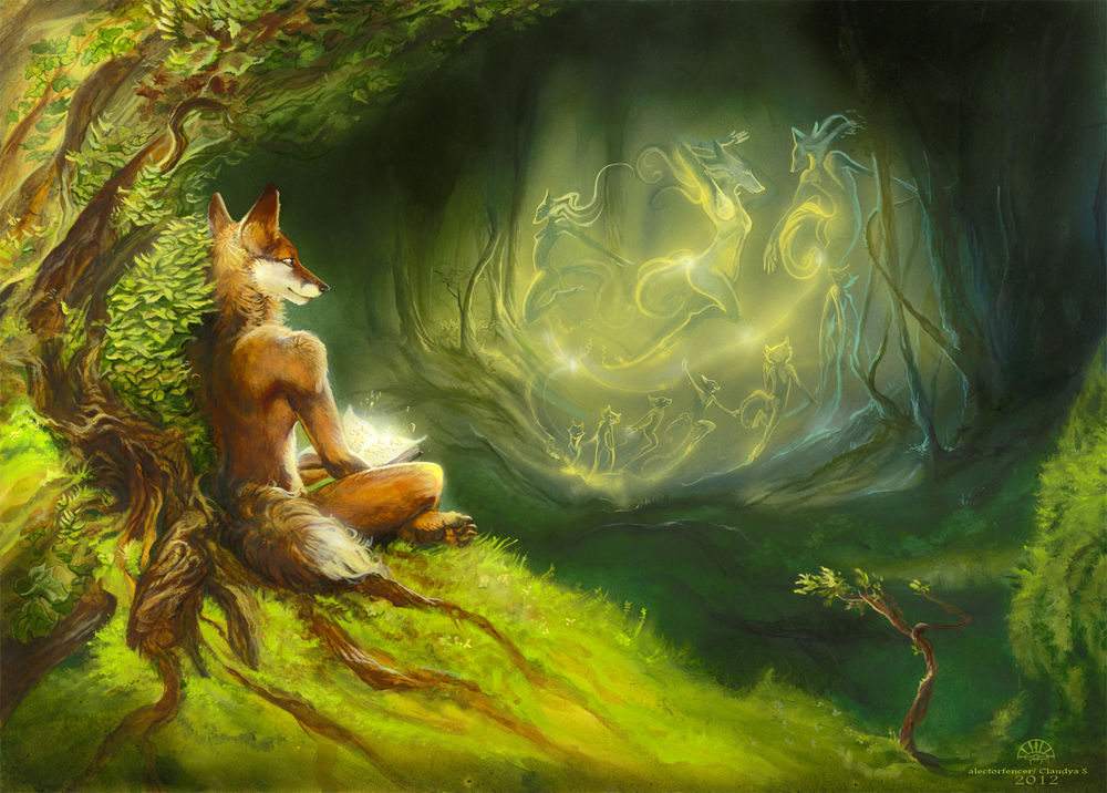 Обои для рабочего стола Лиса сидит у дерева, держа в руках книгу и смотря вперед, видя танцующих призрачных лис, иллюстратор Alectorfencer