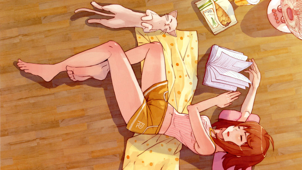 Обои для рабочего стола Девушка спит на полу на покрывале, положив голову на подушку, возле рук девушки лежит открытая книга, рядом спит белая кошка, лежит пакет чипсов