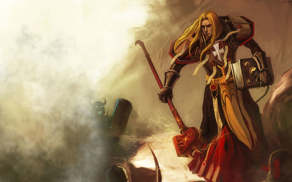 Обои для рабочего стола Паладин с оружием и книгой в руке / Арт к игре World Of Warcraft