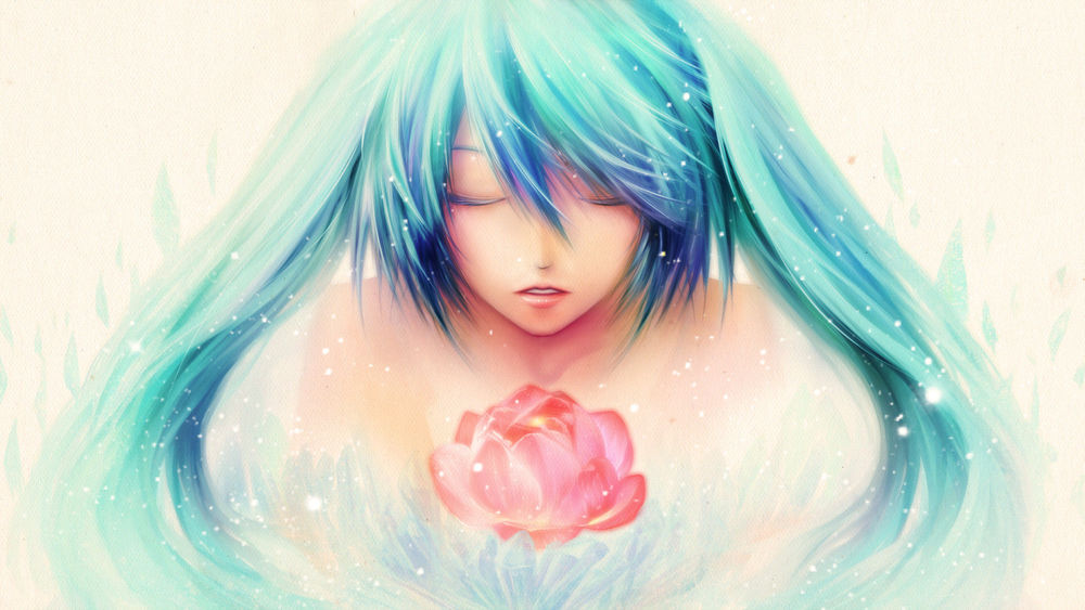 Обои для рабочего стола Вокалоид / Vocaloid Хатсуне Мику / Hatsune Miku с закрытыми глазами держит нежно розовый цветок