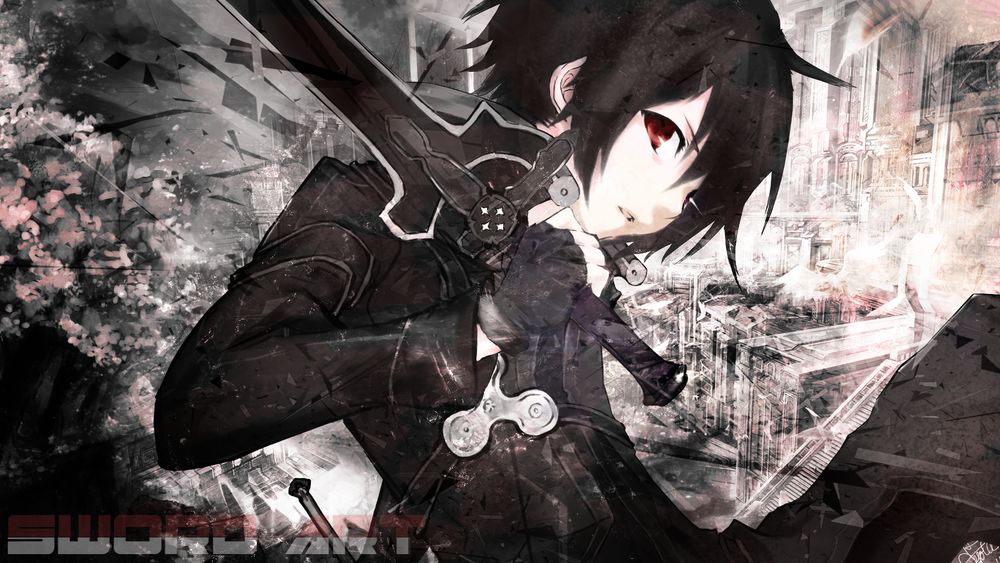 Обои для рабочего стола Кирито / Kirito из аниме Sword Art Online / Мастера Меча Онлайн держит в руке меч