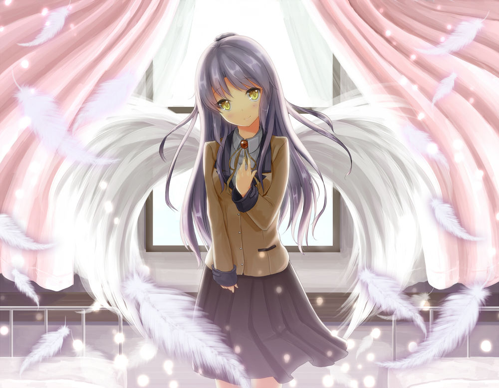 Обои для рабочего стола Канадэ Тачибана / Kanade Tachibana из аниме Angel Beats / Ангельские ритмы стоит на фоне распахнутого окна