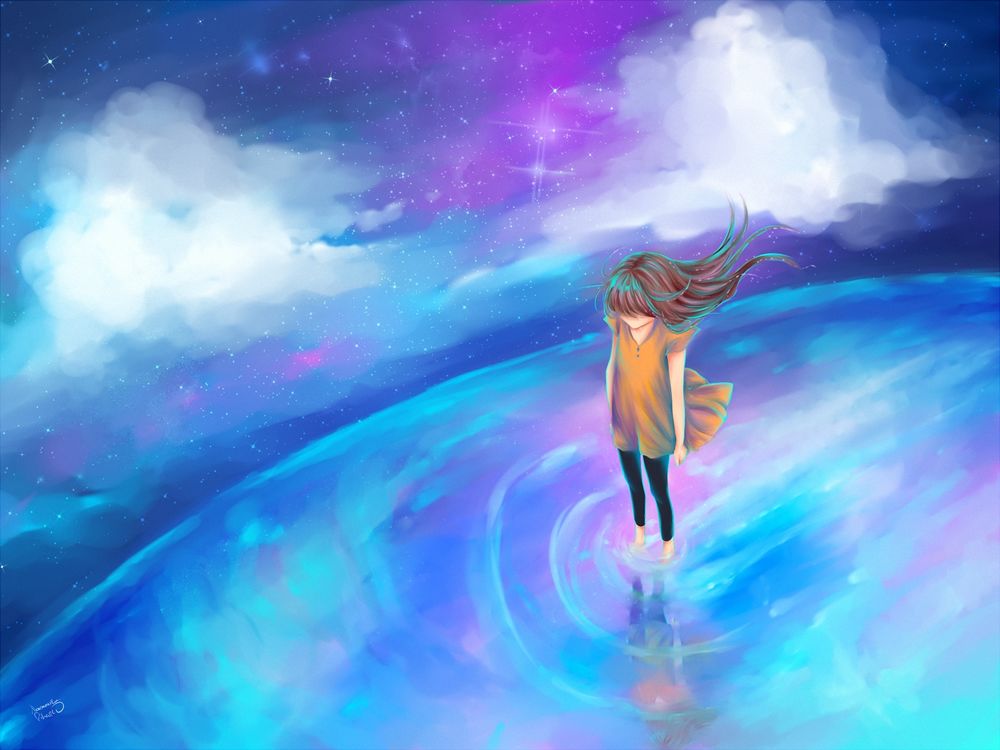 Обои для рабочего стола Девушка стоит в воде на фоне ночного неба, на котором горят звезды и облаков