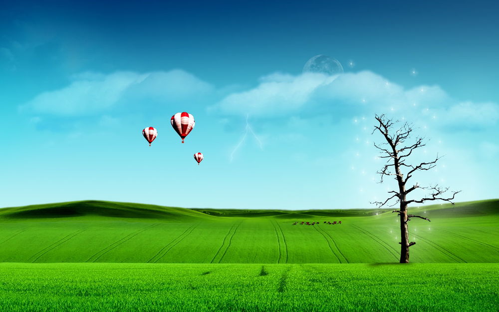 Обои для рабочего стола Разноцветные воздушные шары, парящие в лазурном небе над ярко-зеленой пашней с одиноко стоящим высохшим деревом