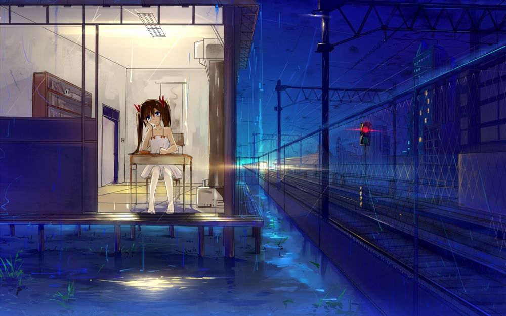 Обои для рабочего стола Девушка сидит в комнате на станции метро, за окном идет дождь