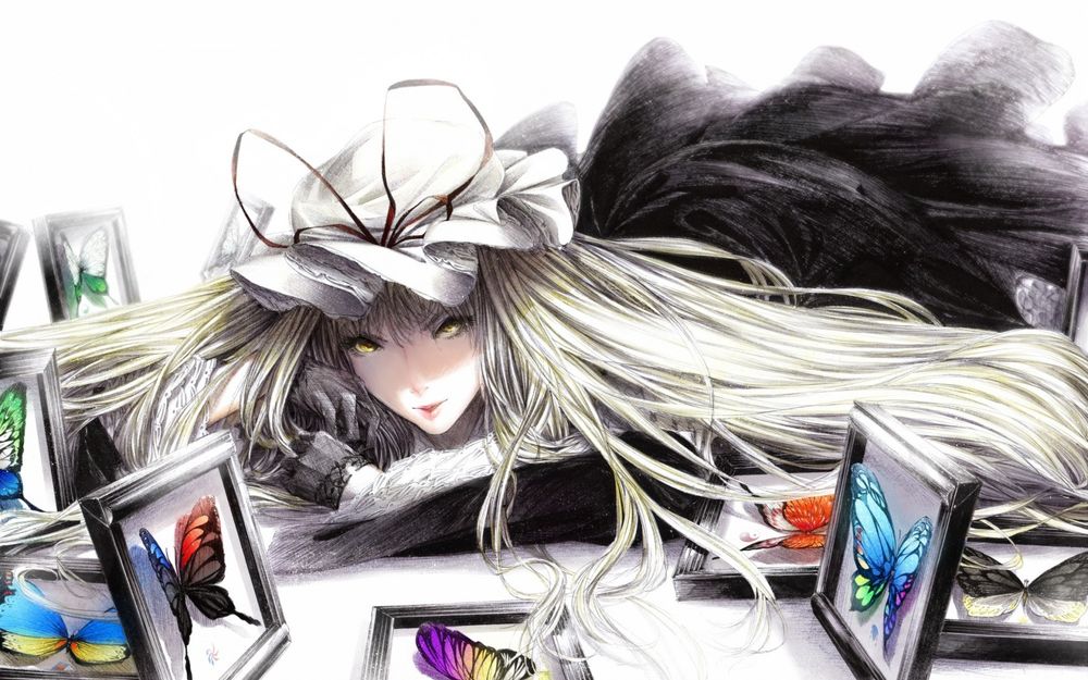 Обои для рабочего стола Yakumo Yukari лежит среди коллекции красивых бабочек в рамках из игры Touhou / Проект Восток, art by Sawasawa