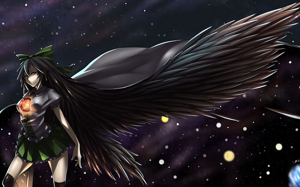 Обои для рабочего стола Reiuji Utsuho / Уцухо Рейудзи с черными крыльями, персонаж из серии компьютерных игр Touhou Project / «Проект «Восток»», art by Zero (Artist)