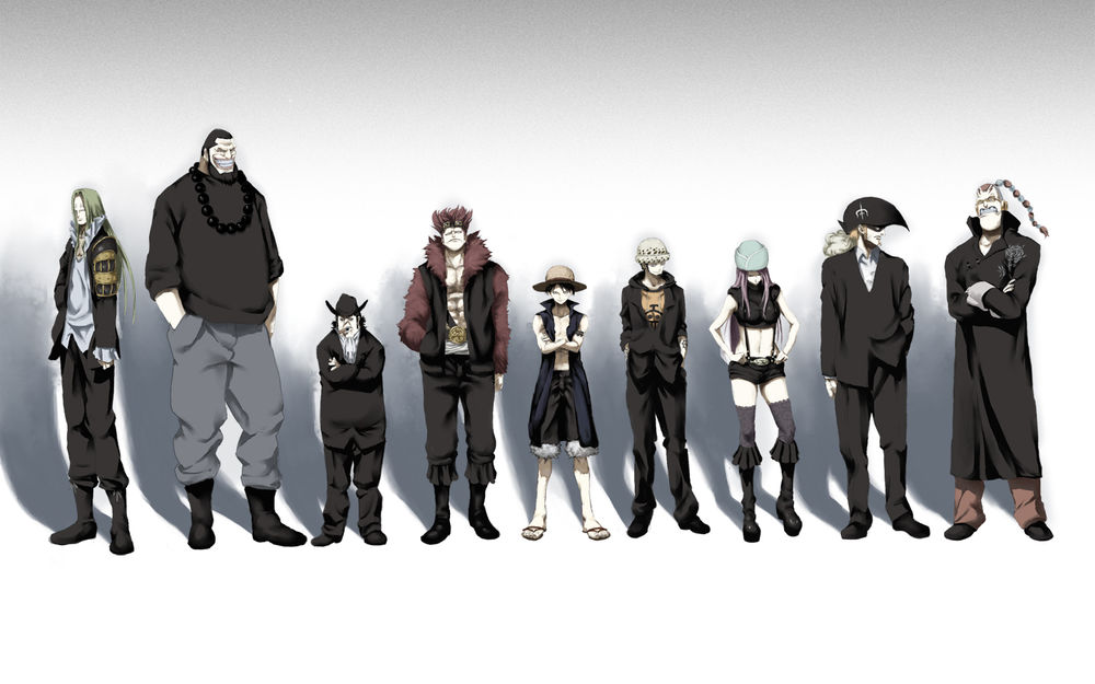 Обои для рабочего стола Персонажи аниме Ван Пис / One Piece стоят на сером фоне