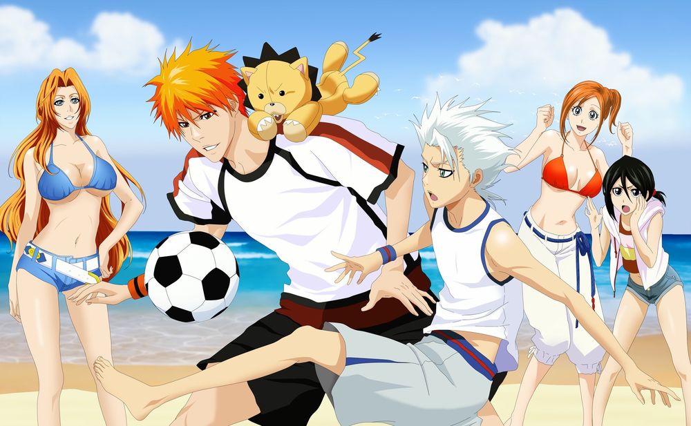Обои для рабочего стола Персонажи из аниме Блич / Bleach играют в мяч на пляже