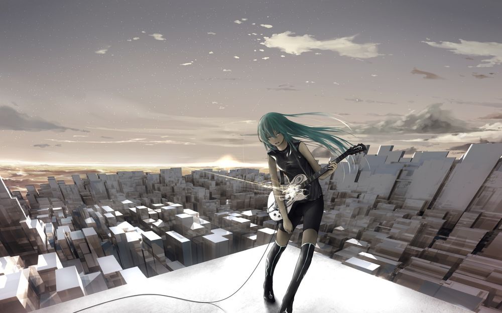 Обои для рабочего стола Vocaloid Hatsune Miku / Вокалоид Хатсуне Мику играет на гитаре, стоя на крыше