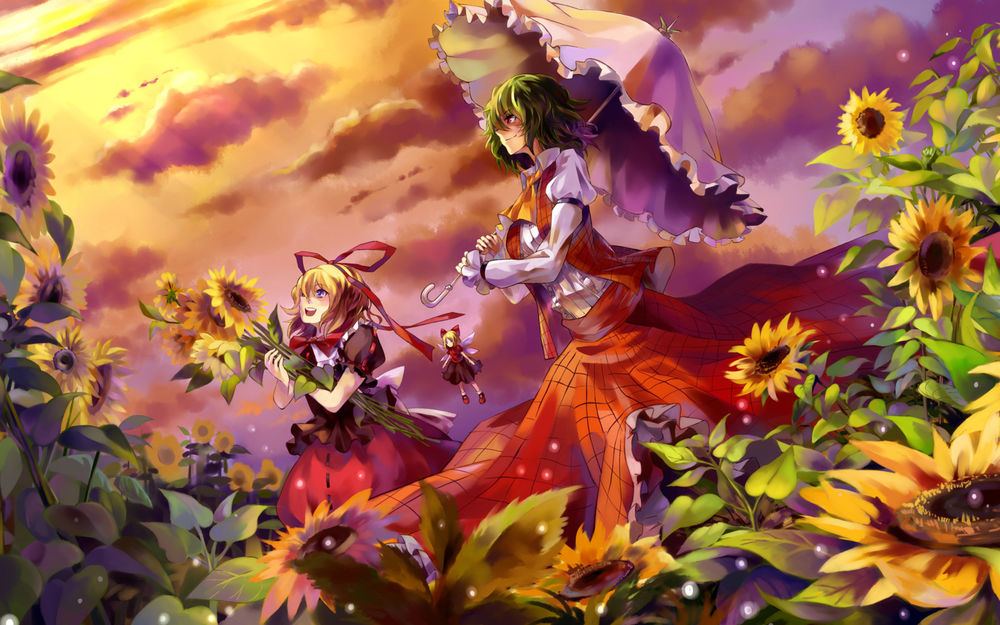 Обои для рабочего стола Yakumo Yukari, Kazami Yuuka и Cirno среди подсолнухов любуются закатом, из игры Проект Восток / Touhou