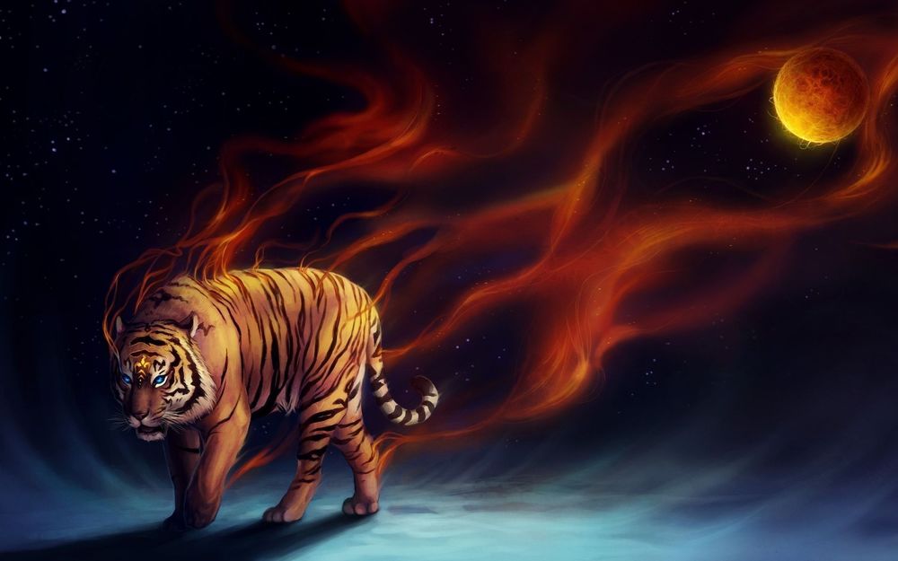 Обои для рабочего стола Тигр от которого тянутся языки пламени на фоне ночного неба и полной луны