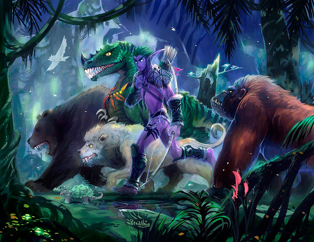 Обои для рабочего стола Ночной эльф охотник вместе со своими питомцами в джунглях / фанарт к игре World Of Warcraft / автор Breathin