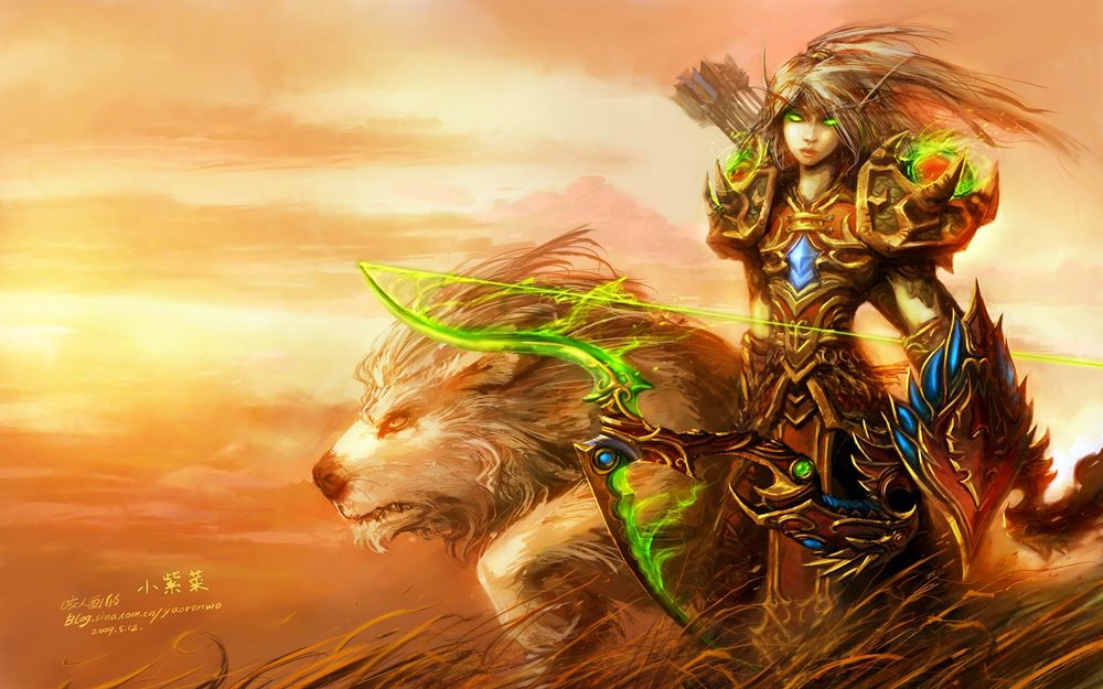 Обои для рабочего стола Кровавая эльфийка охотница со львом / арт к игре World Of Warcraft / художник Yaorenwo