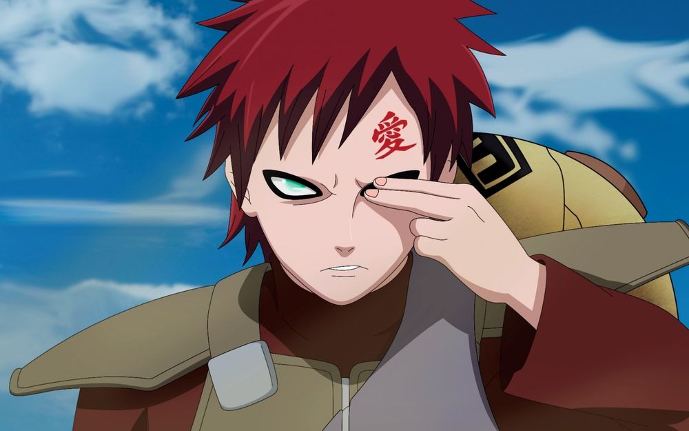 Обои для рабочего стола Песчаный Гаара / Subaku no Gaara прикрыл двумя пальцами глаз из аниме Наруто / Naruto