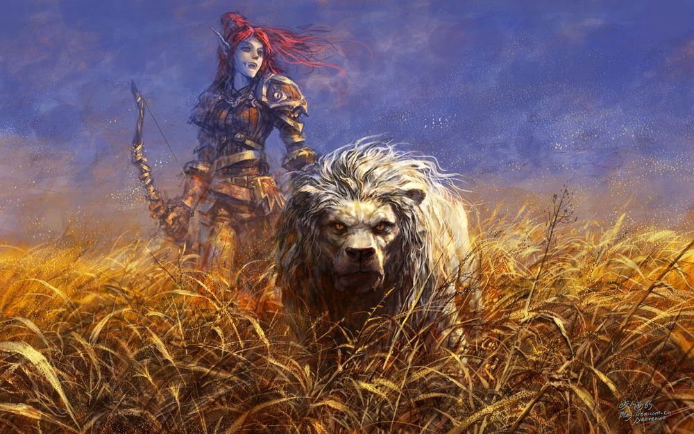 Обои для рабочего стола Тролль охотница со львом в поле / арт к игре World Of Warcraft / художник Yaorenwo
