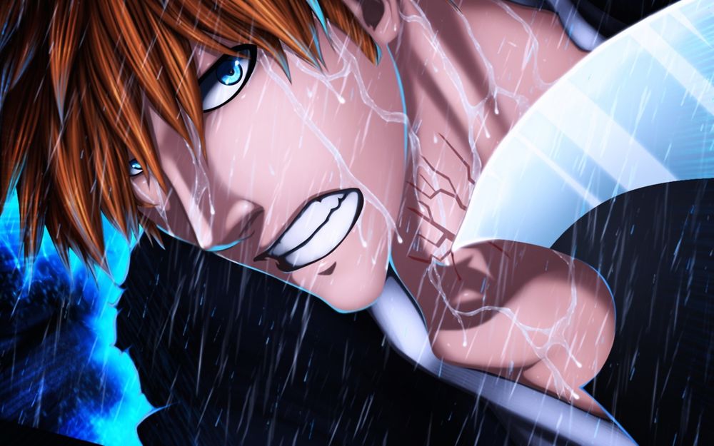 Обои для рабочего стола Ичиго Куросаки / Ichigo Kurosaki под дождем злобно смотрит куда то в сторону из аниме Блич / Bleach