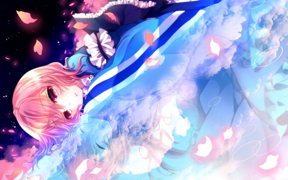 Обои для рабочего стола Ююко Сайгедзи / Yuyuko Saigyouji из серии игр Тохо / Touhou Project лежит в воде под падающими лепестками сакуры на фоне ночного неба