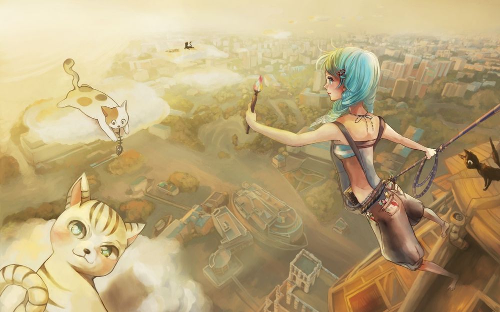 Обои для рабочего стола Девушка висит на крыши, на которой сидит кошка, на веревке, держа в руках кисть, и рисует в воздухе кошек, сидящих на облаках, сверху виден город