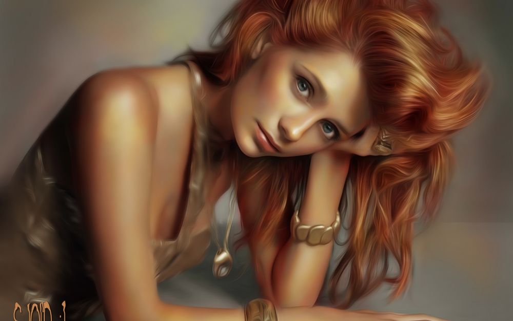 Обои для рабочего стола Модель Миша Бартон / Mischa Barton в кремовом платье держит рукой голову