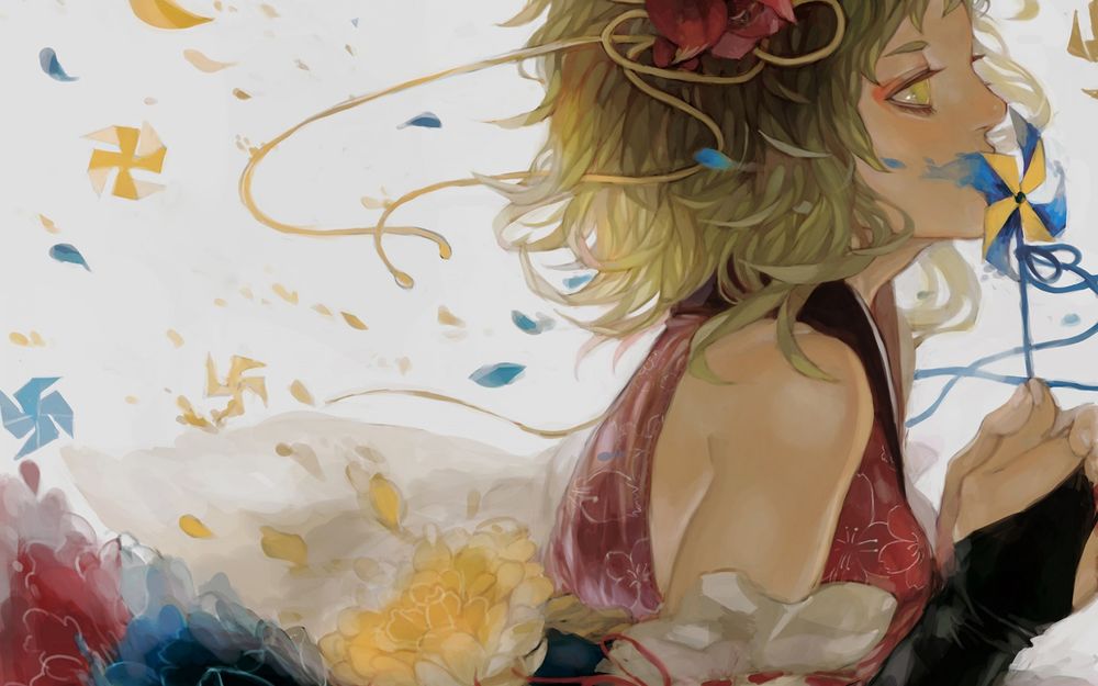 Обои для рабочего стола Vocaloid Gumi Megpoid / Вокалоид Гуми Мегпоид с цветком в волосах, среди цветов и лепестко, приложила ветерок, который держит в руках, к губам