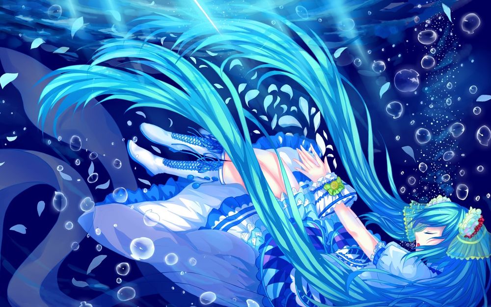 Обои для рабочего стола Vocaloid Hatsune Miku / Вокалоид Хатсуне Мику, закрыв глаза, опускается под воду