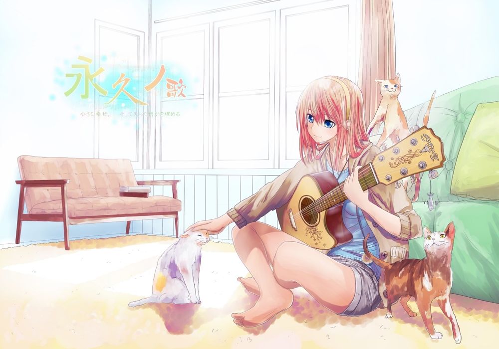 Обои для рабочего стола Мегурине Лука / Megurine Luka из Вокалоидов / Vokaloid сидит у себя в комнате, в окружении кошек, держит гитару и гладит белую кошку с оранжевыми пятнами