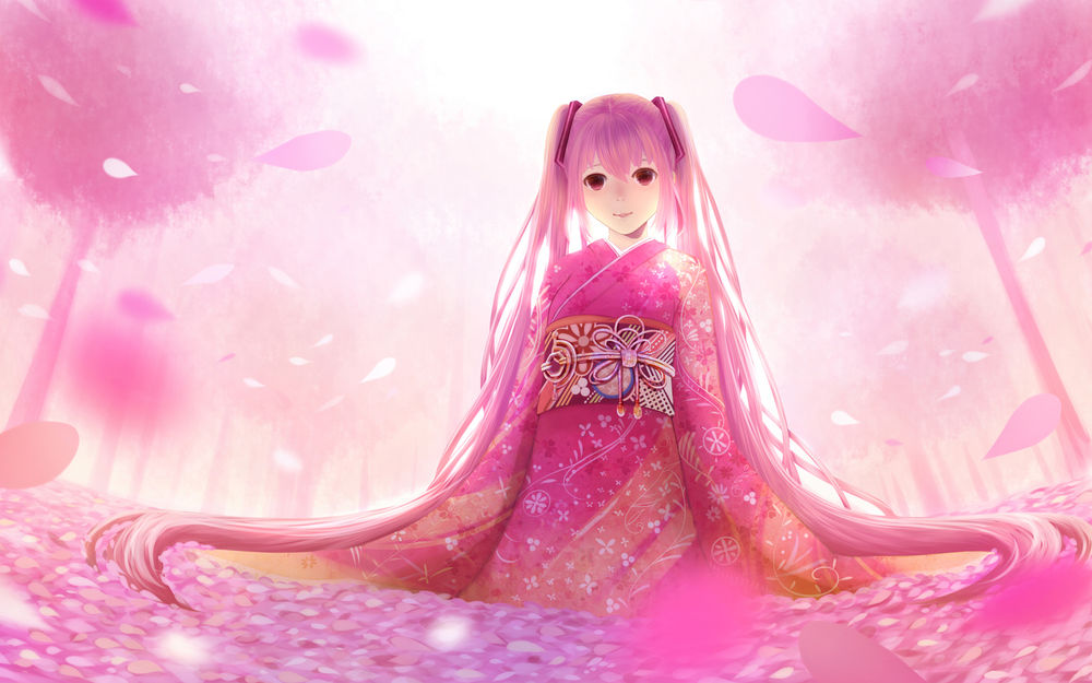 Обои для рабочего стола Vocaloid Hatsune Miku / Вокалоид Хатсуне Мику, одетая в кимоно, сидит в розовых лепестках на фоне деревьев, сверху падают лепестки