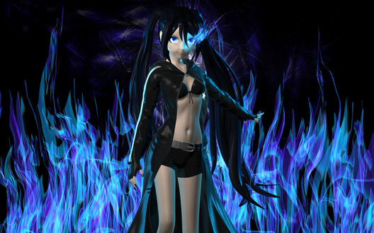 Обои на рабочий стол Black Rock Shooter / Черный Стрелок Рока / Стрелок с Черной Скалы из одноименного аниме на фоне синего пламени